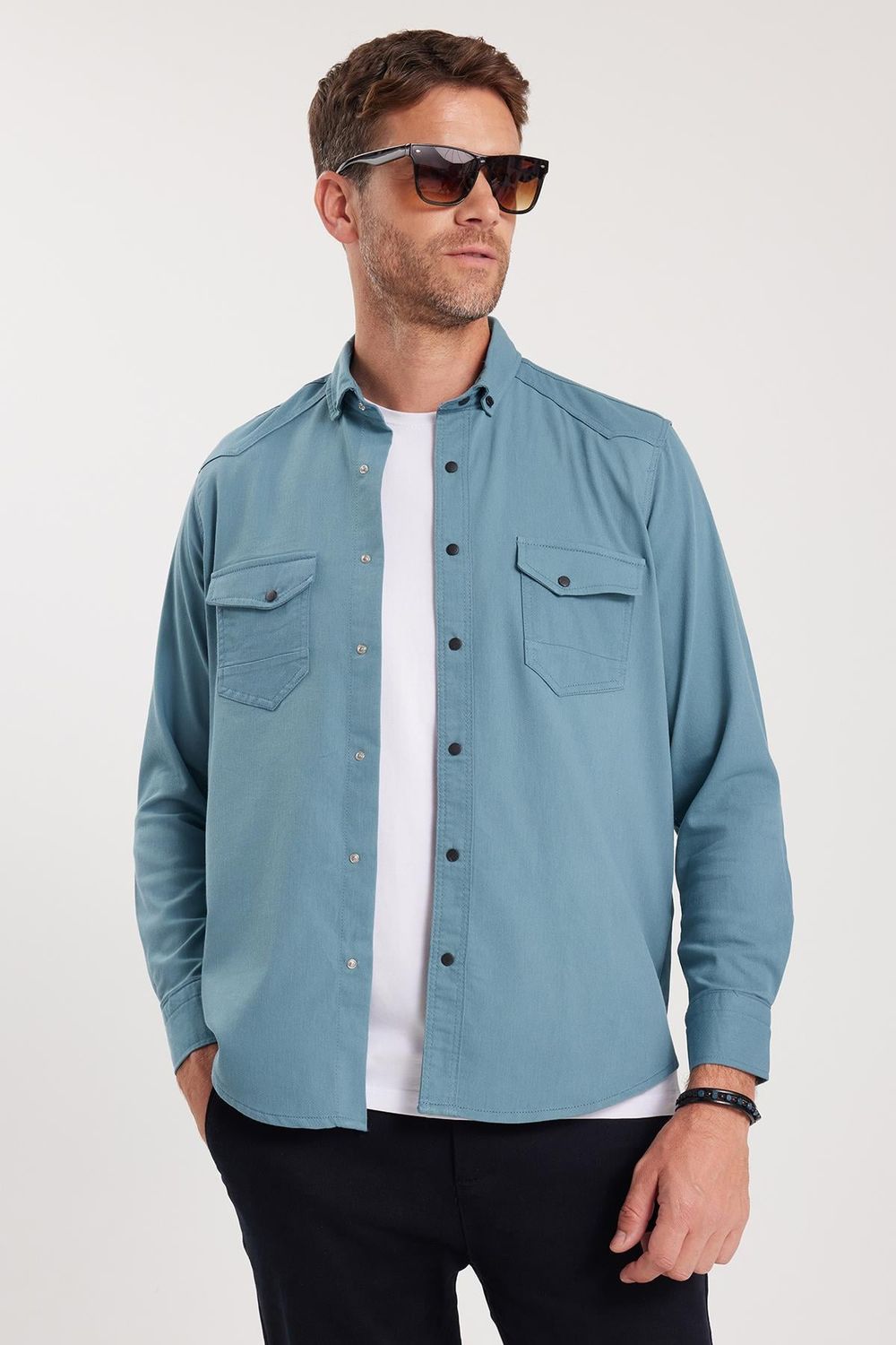 Erkek Regular Fit Rahat Kesim Çift Cepli Spor Yaka Denim Petrol Gömlek