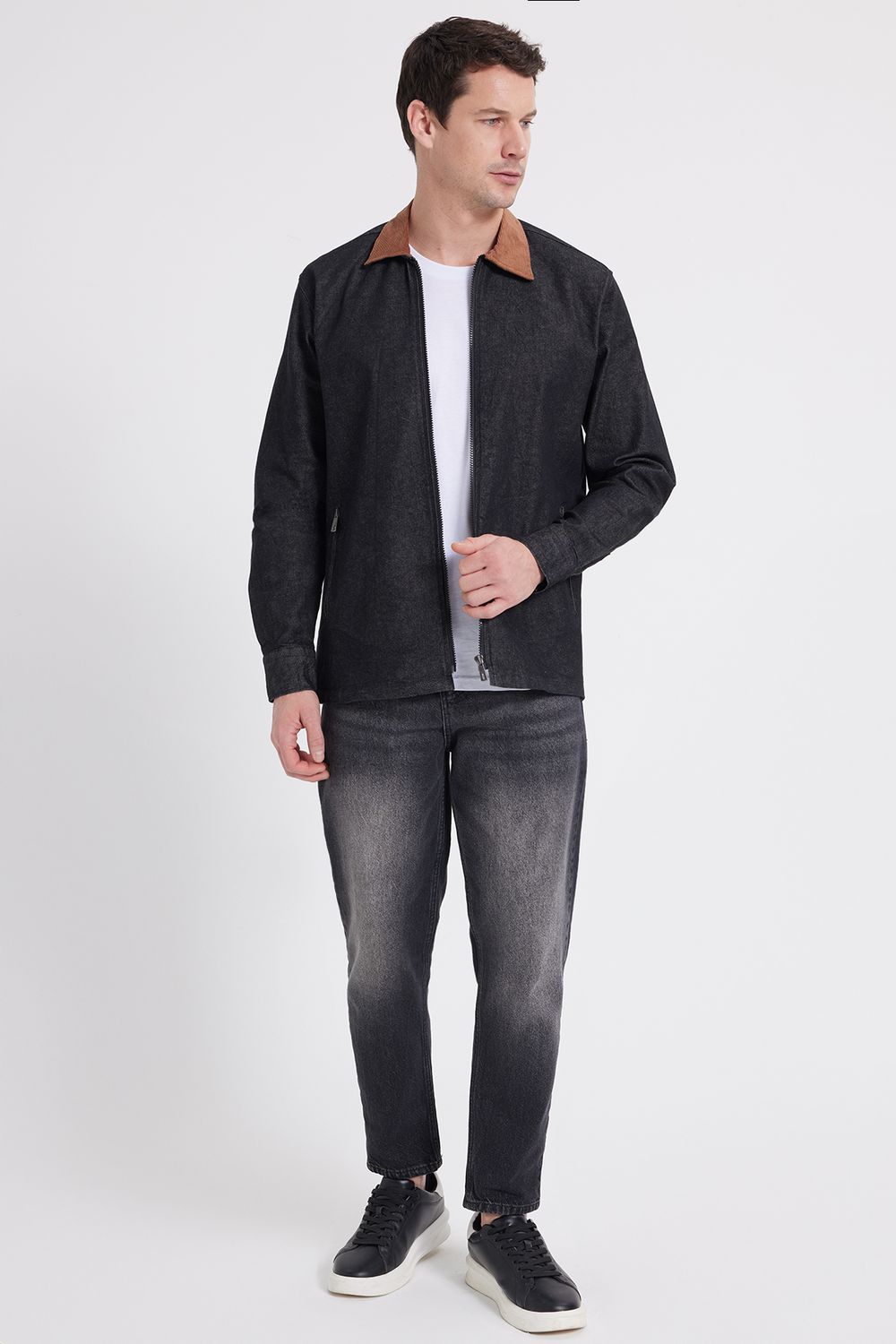 Erkek Regular Fit Rahat Kesim Kadife Yaka Fermuarlı Denim Siyah Ceket Gömlek