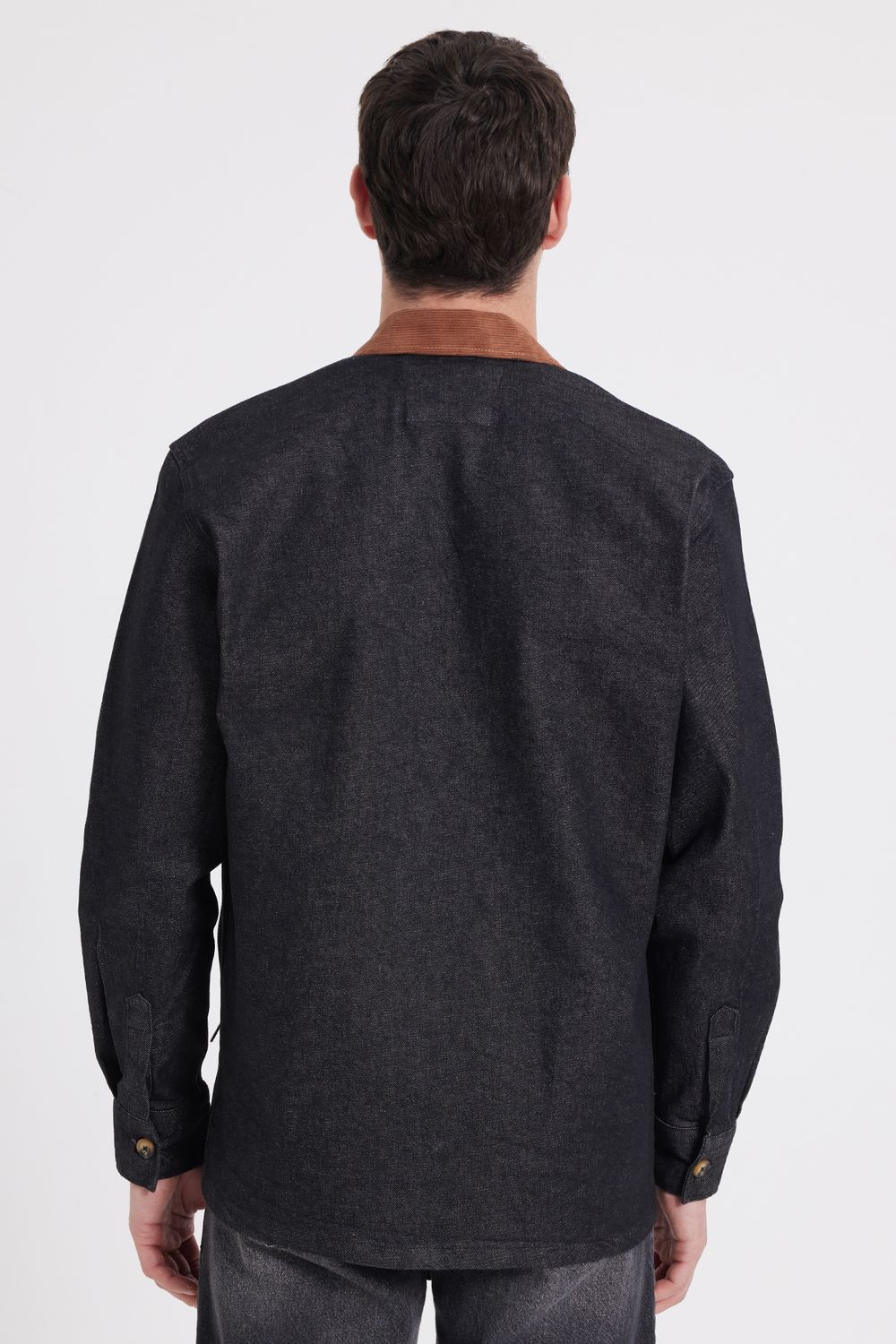 Erkek Regular Fit Rahat Kesim Kadife Yaka Fermuarlı Denim Siyah Ceket Gömlek