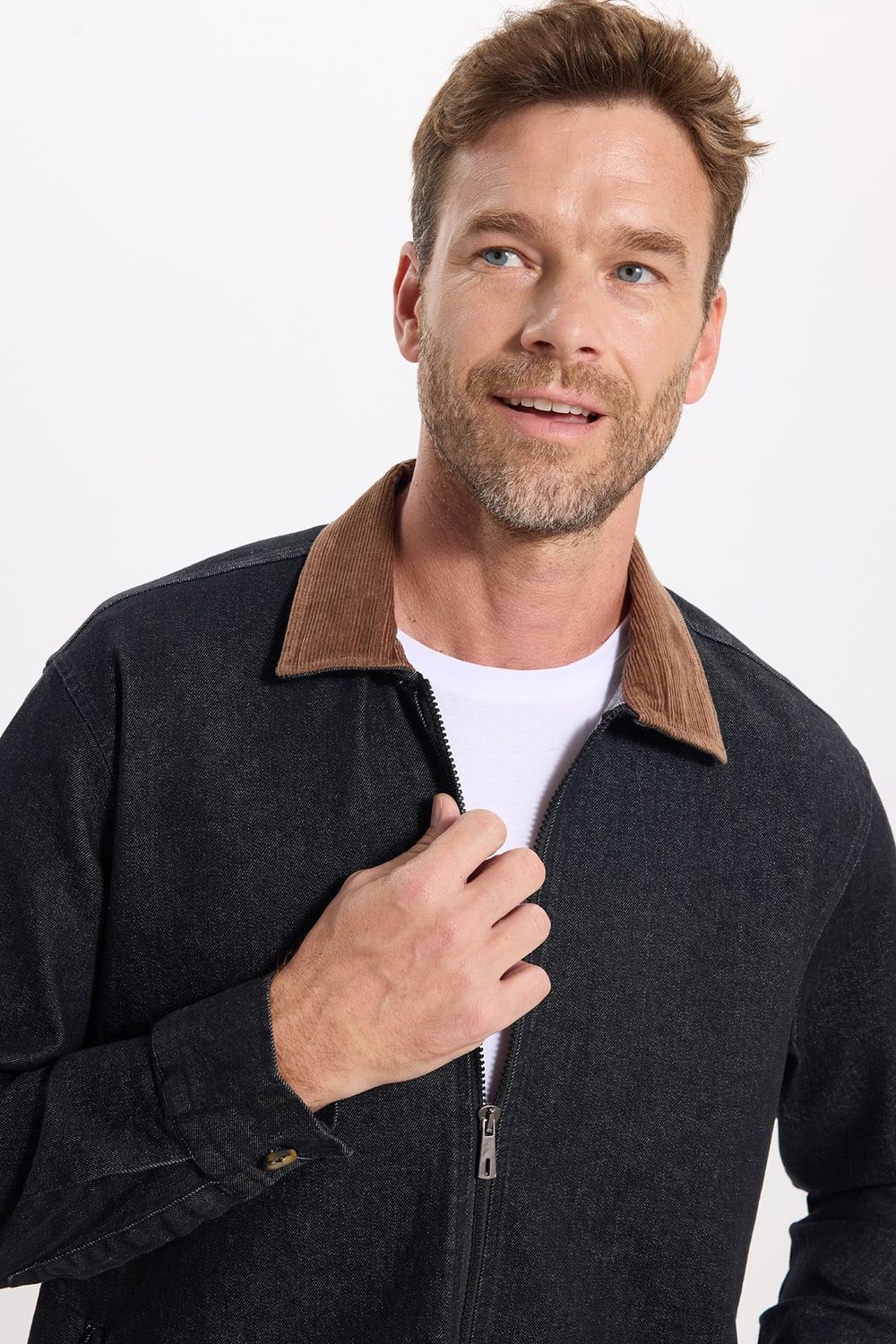 Erkek Regular Fit Rahat Kesim Kadife Yaka Fermuarlı Denim Siyah Ceket Gömlek