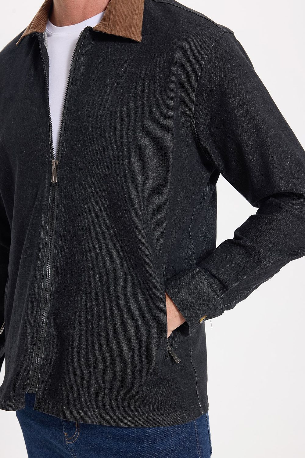 Erkek Regular Fit Rahat Kesim Kadife Yaka Fermuarlı Denim Siyah Ceket Gömlek
