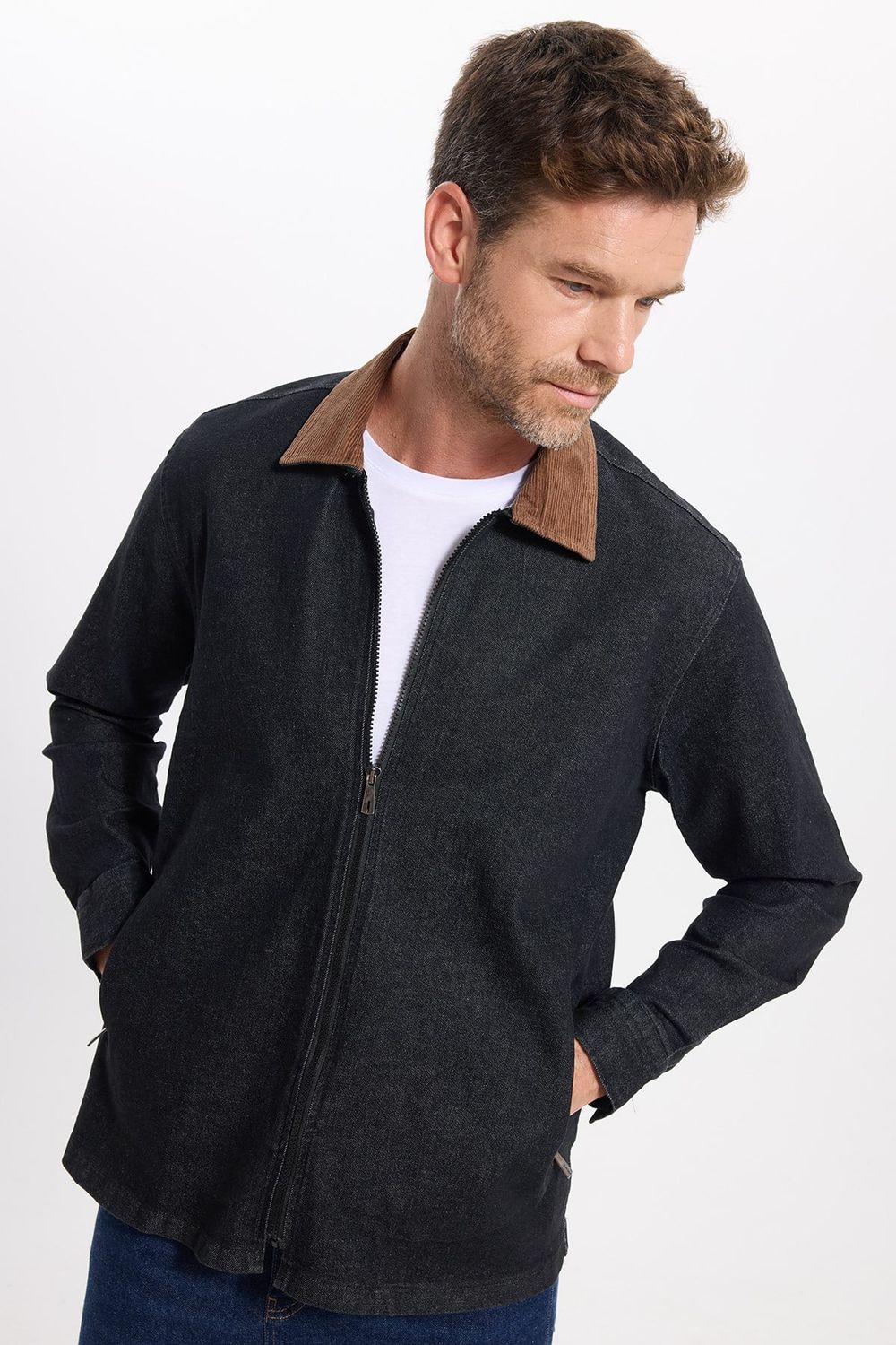 Erkek Regular Fit Rahat Kesim Kadife Yaka Fermuarlı Denim Siyah Ceket Gömlek