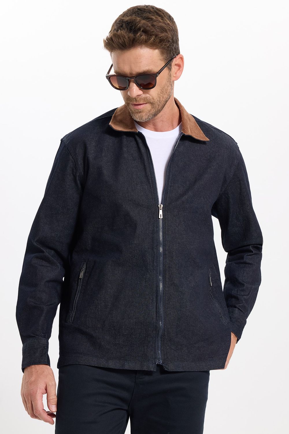 Erkek Regular Fit Rahat Kesim Kadife Yaka Fermuarlı Denim Lacivert Ceket Gömlek