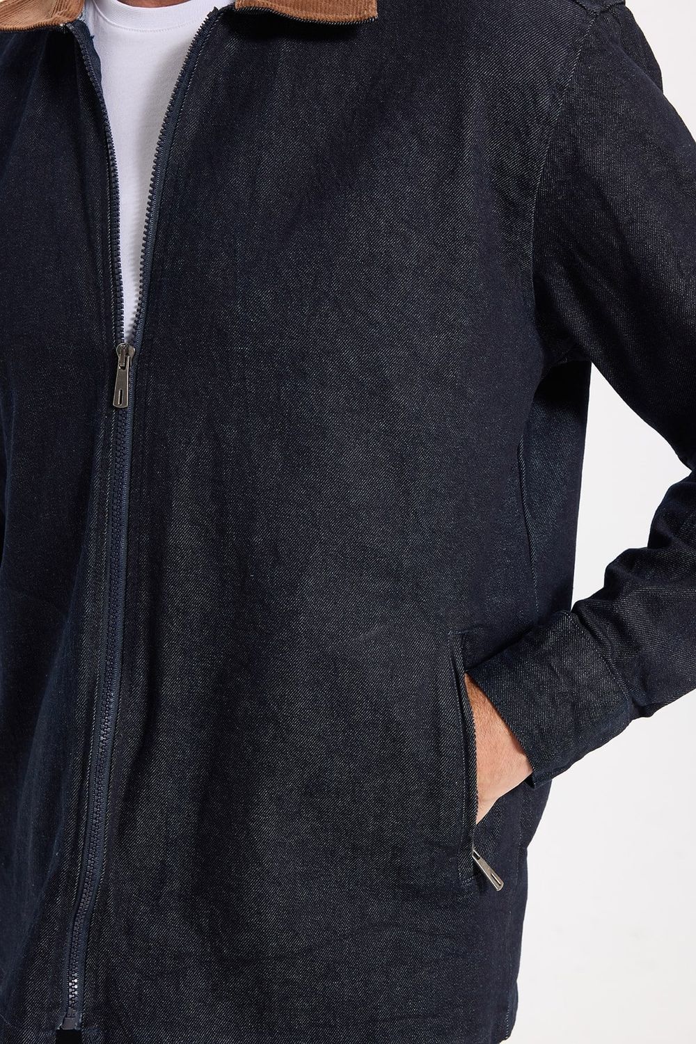 Erkek Regular Fit Rahat Kesim Kadife Yaka Fermuarlı Denim Lacivert Ceket Gömlek