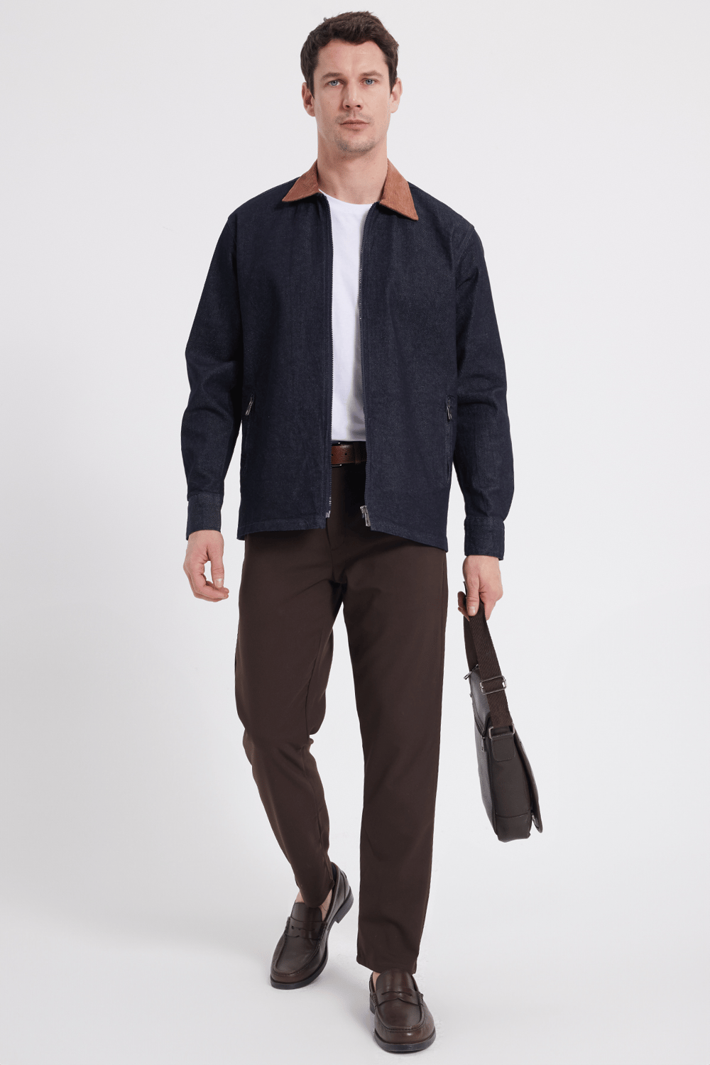 Erkek Regular Fit Rahat Kesim Kadife Yaka Fermuarlı Denim Lacivert Ceket Gömlek