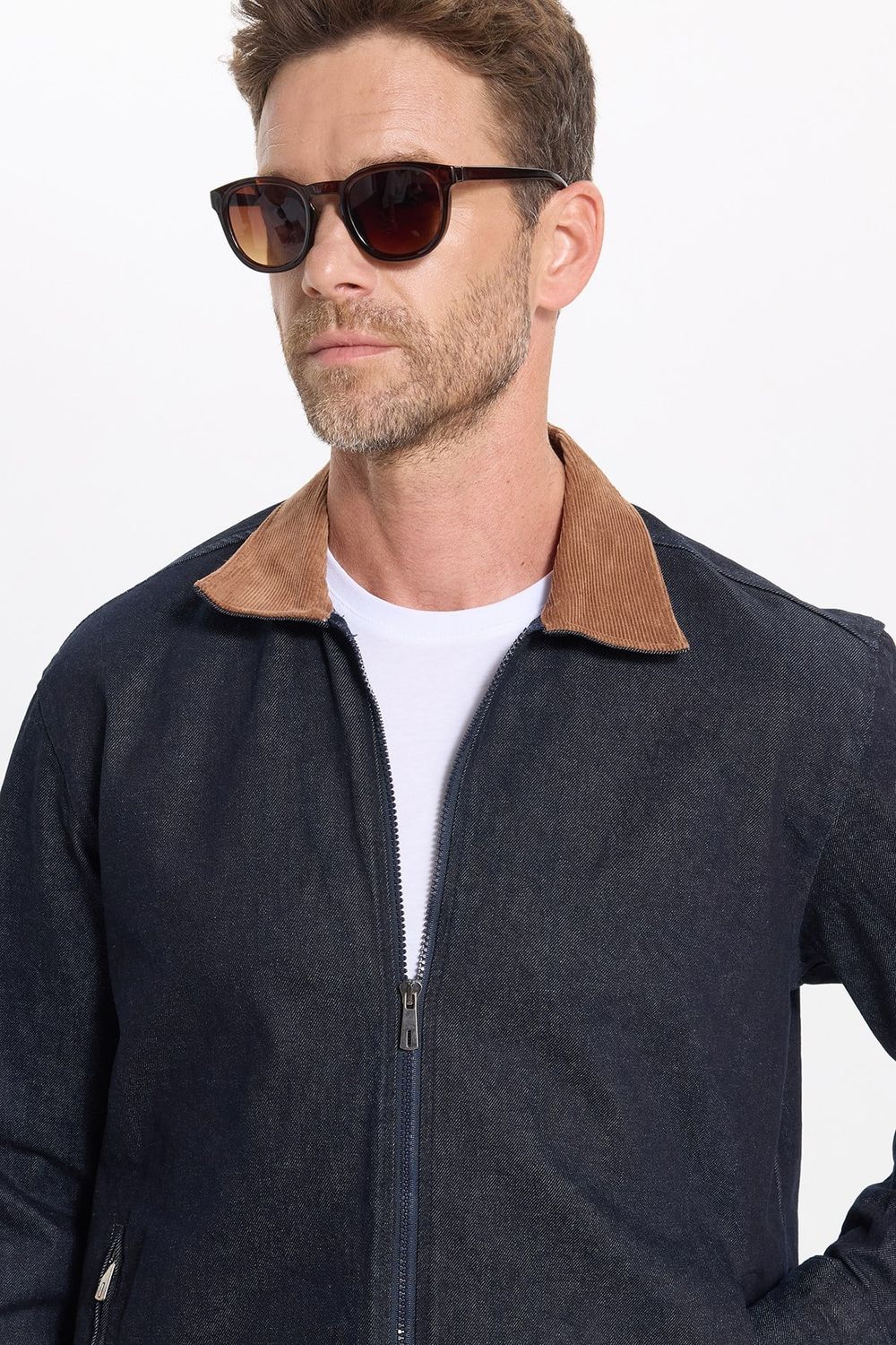 Erkek Regular Fit Rahat Kesim Kadife Yaka Fermuarlı Denim Lacivert Ceket Gömlek