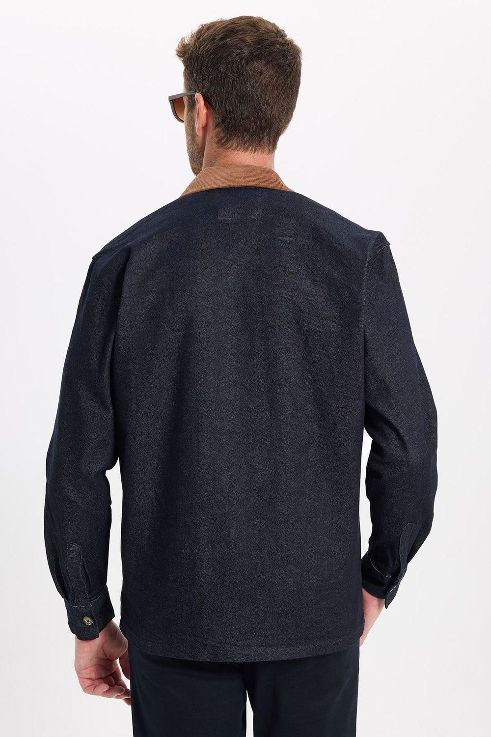 Erkek Regular Fit Rahat Kesim Kadife Yaka Fermuarlı Denim Lacivert Ceket Gömlek