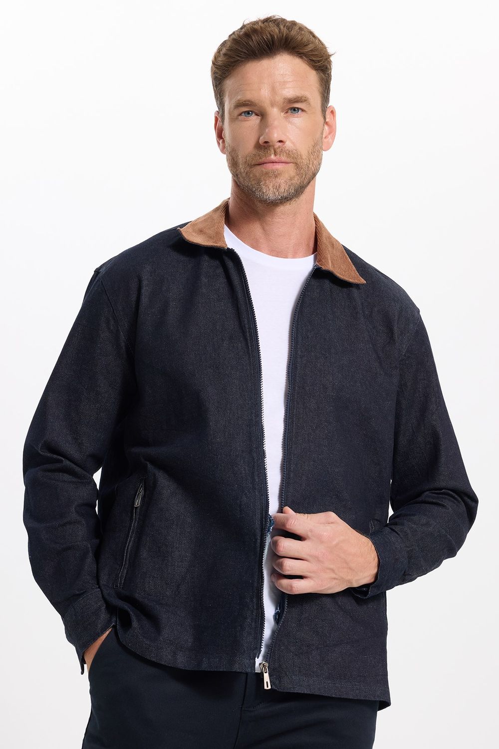 Erkek Regular Fit Rahat Kesim Kadife Yaka Fermuarlı Denim Lacivert Ceket Gömlek