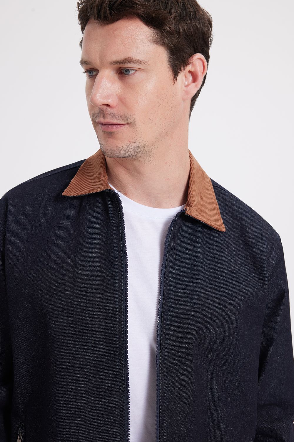Erkek Regular Fit Rahat Kesim Kadife Yaka Fermuarlı Denim Lacivert Ceket Gömlek
