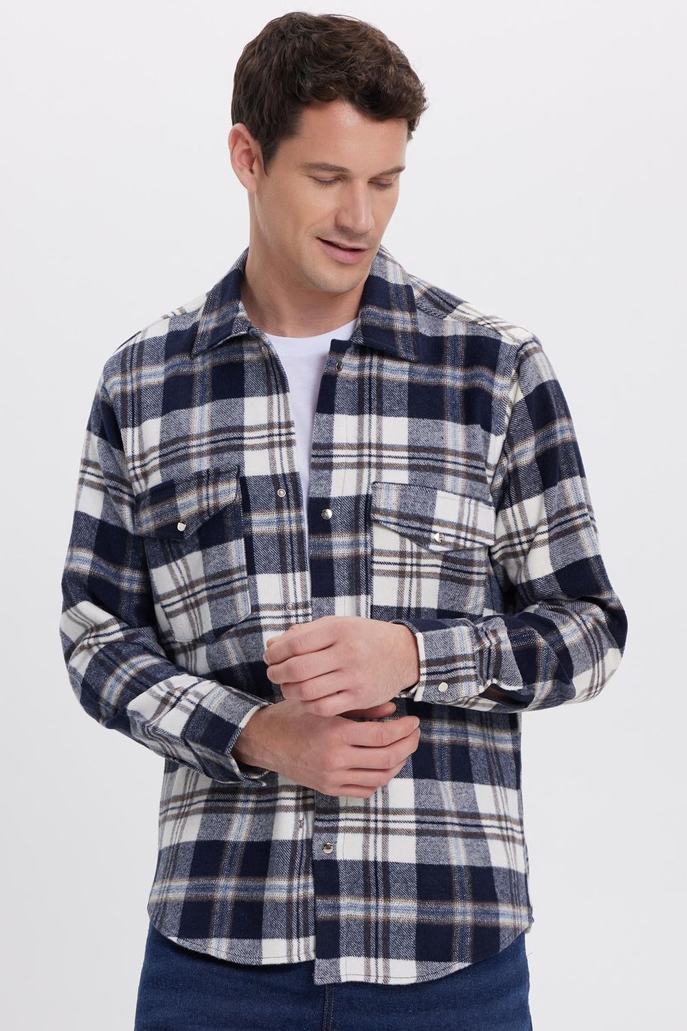 Erkek Regular Fit Rahat Kesim Kışlık Kareli Çift Cepli Çıtçıtlı Gömlek