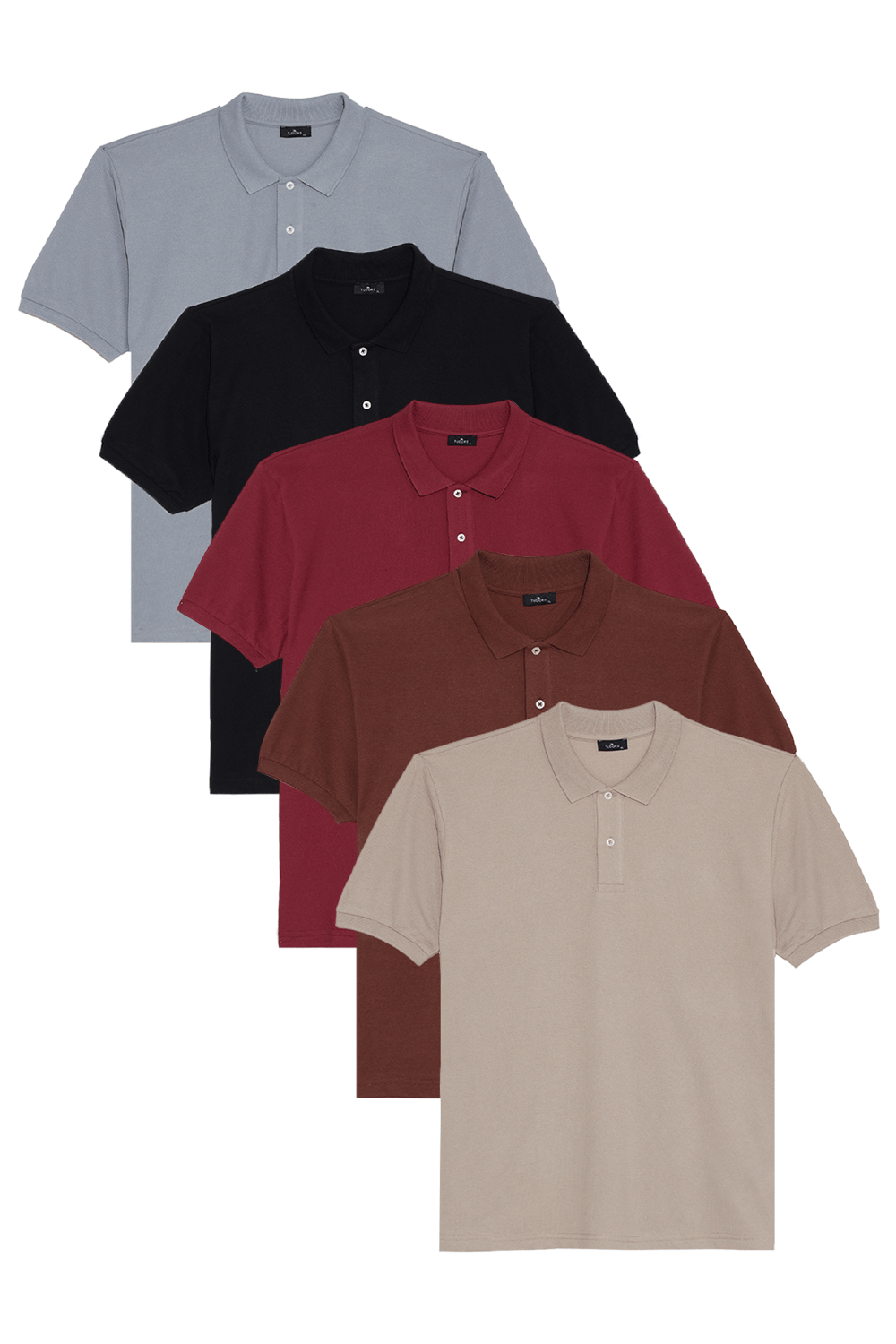 Erkek 5'li Paket Gri-Kahverengi-Kırmızı-Siyah-Taş Regular Fit Pamuklu Düz Pike Polo Yaka Tişört