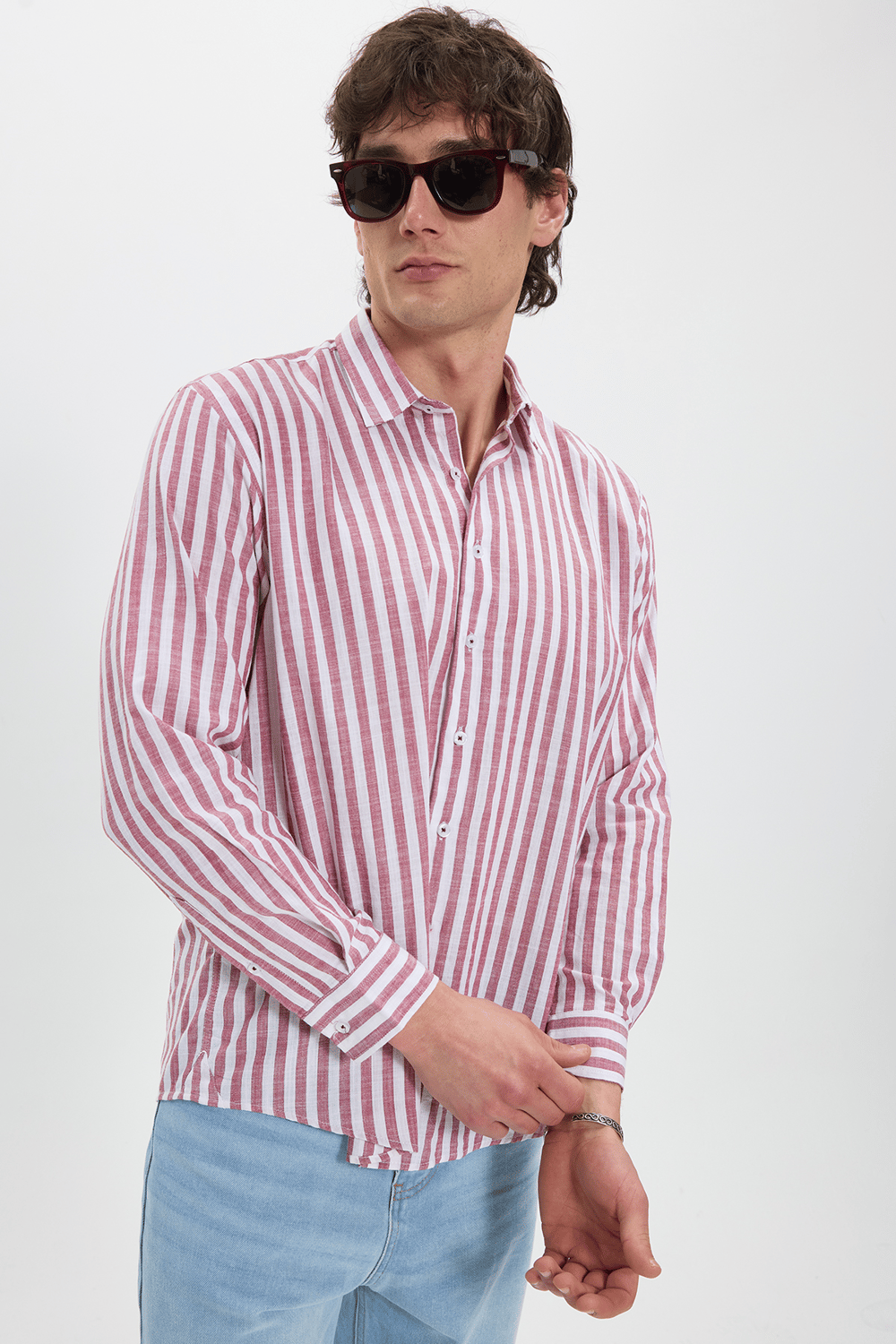Erkek Regular Fit Rahat Kesim %100 Pamuk Çizgili Keten Efektli Bordo Gömlek