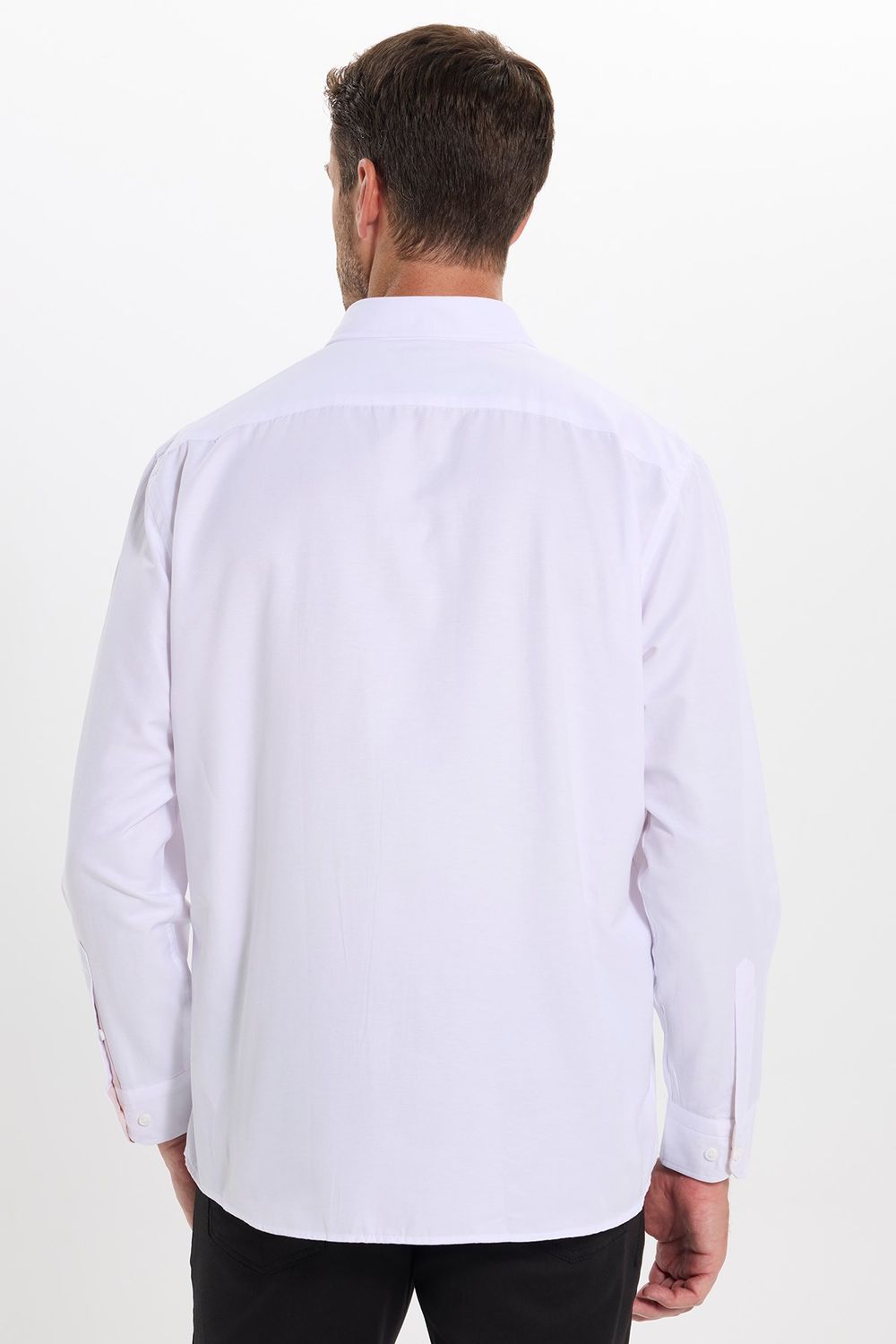 Regular Fit Rahat Kesim Oxford Doku Uzun Kollu Düğmeli Yaka Pamuklu Beyaz Erkek Gömlek