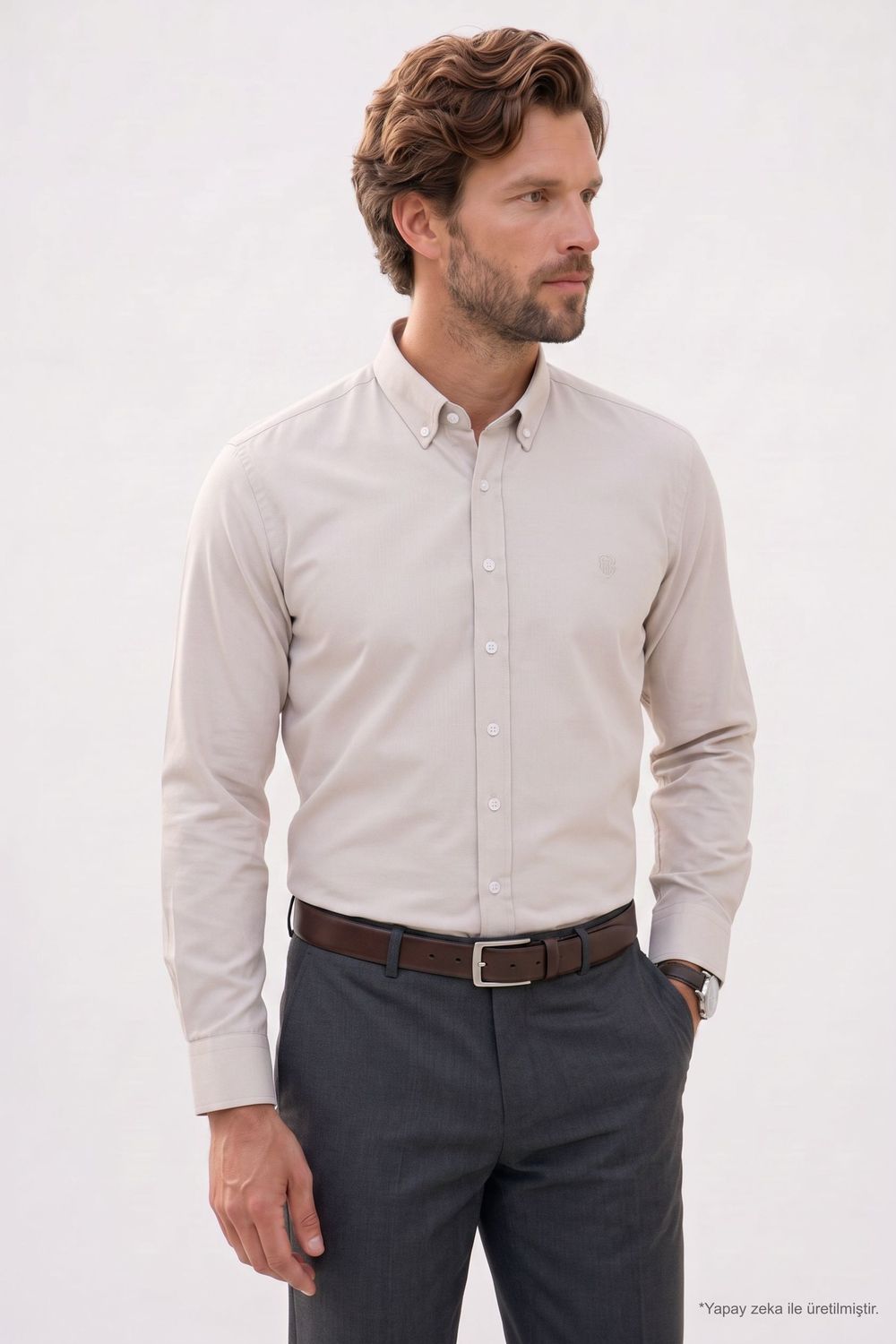Regular Fit Rahat Kesim Oxford Doku Uzun Kollu Düğmeli Yaka Nakışlı Erkek Gömlek