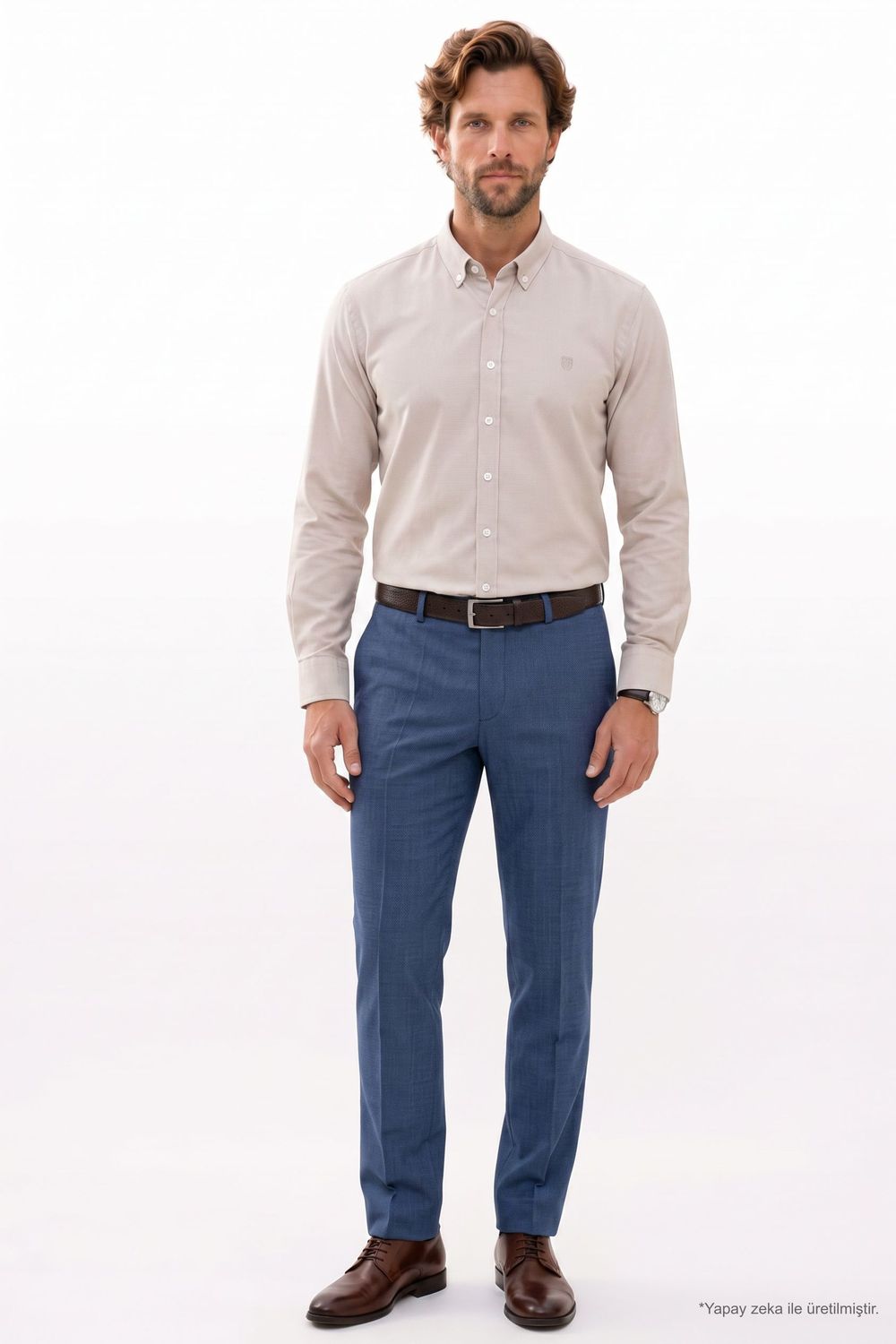 Regular Fit Rahat Kesim Oxford Doku Uzun Kollu Düğmeli Yaka Nakışlı Erkek Gömlek