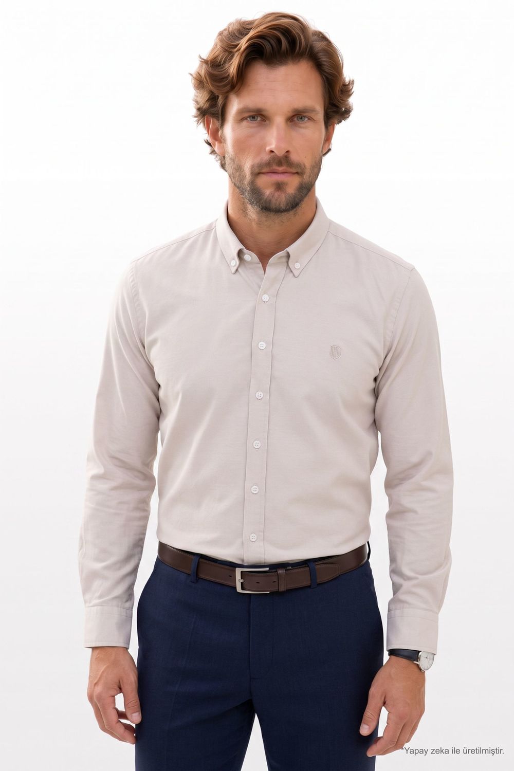 Regular Fit Rahat Kesim Oxford Doku Uzun Kollu Düğmeli Yaka Nakışlı Erkek Gömlek