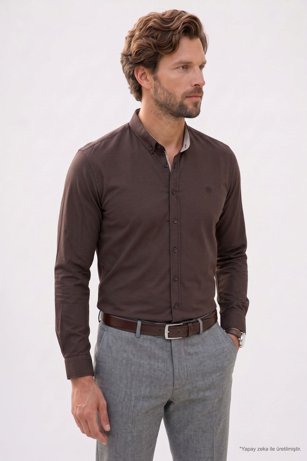 Regular Fit Rahat Kesim Oxford Doku Uzun Kollu Düğmeli Yaka Nakışlı Erkek Gömlek
