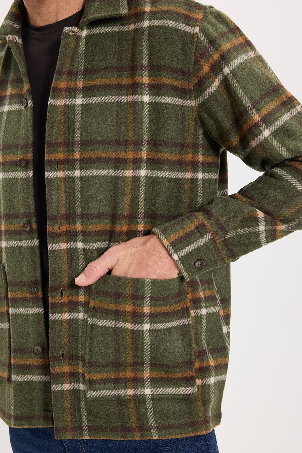 Erkek Regular Fit Klasik Kesim Cepli Kışlık Kareli Haki Kaşe Ceket Gömlek