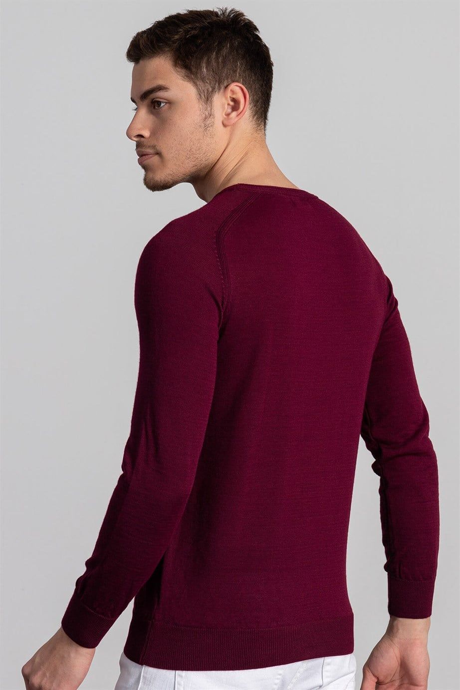 Slim Fit Dar Kesim Bisiklet Yaka Düz Yün Erkek Kazak