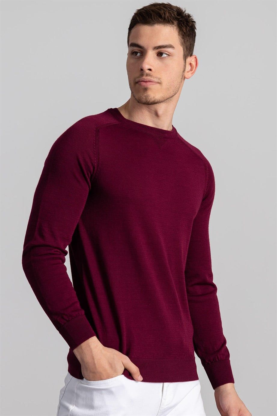 Slim Fit Dar Kesim Bisiklet Yaka Düz Yün Erkek Kazak