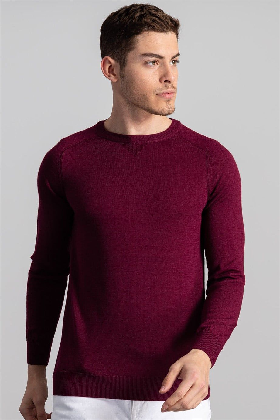 Slim Fit Dar Kesim Bisiklet Yaka Düz Yün Erkek Kazak