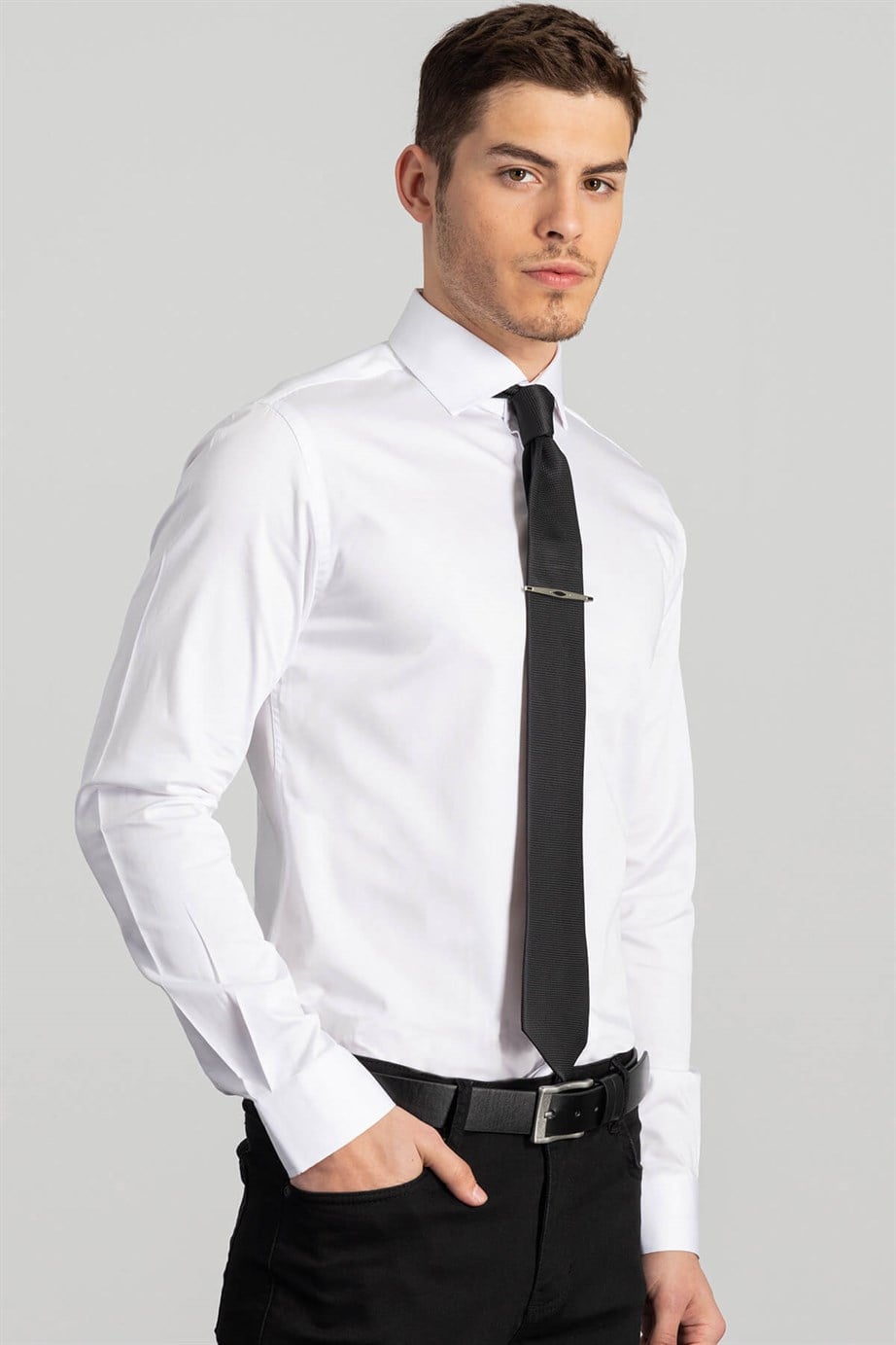 Slim Fit Dar Kesim Pamuk Saten, Erkek Gömlek