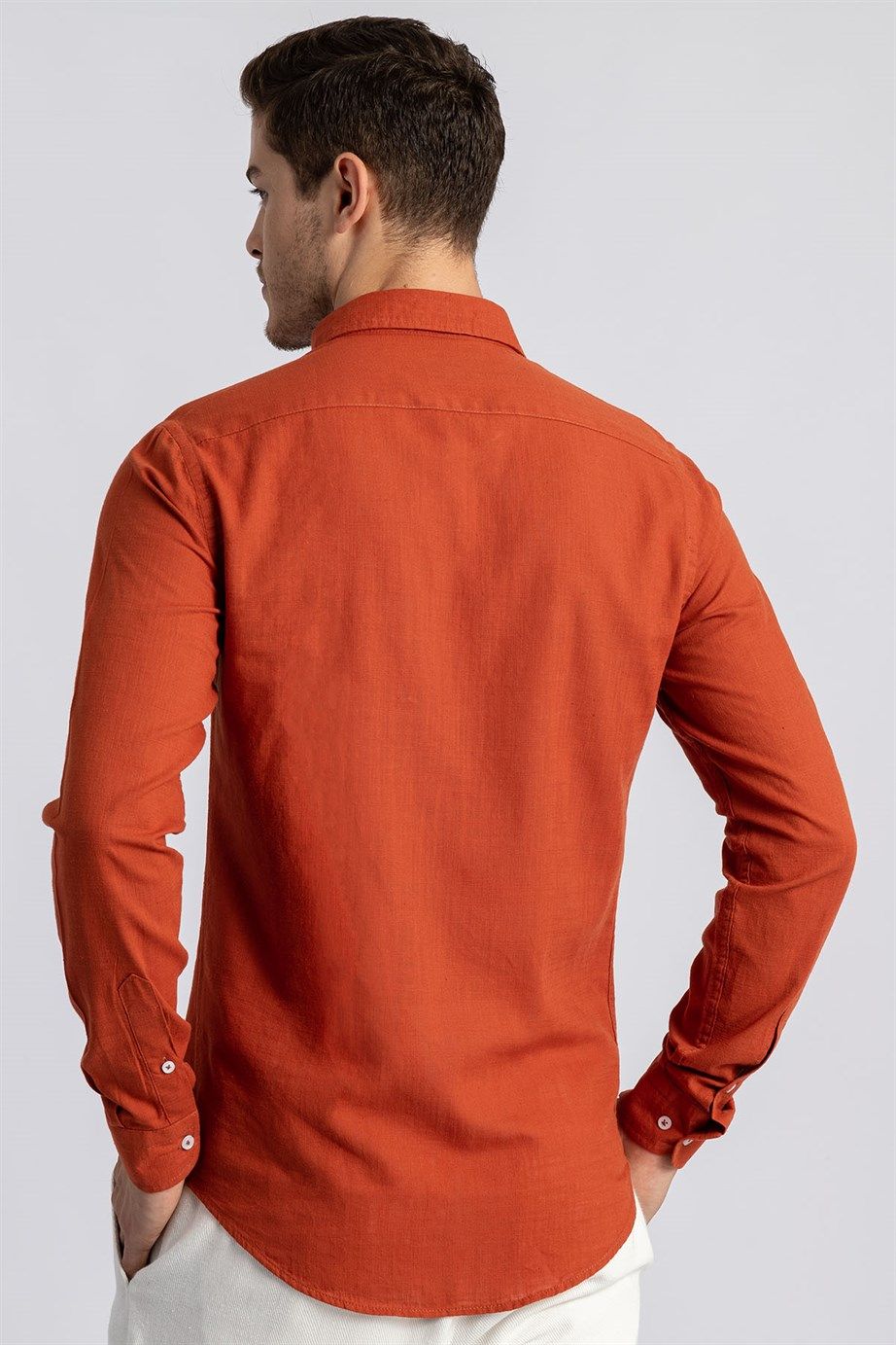 Slim Fit Dar Kesim Uzun Kol Flamlı Pamuk Keten Erkek Gömlek