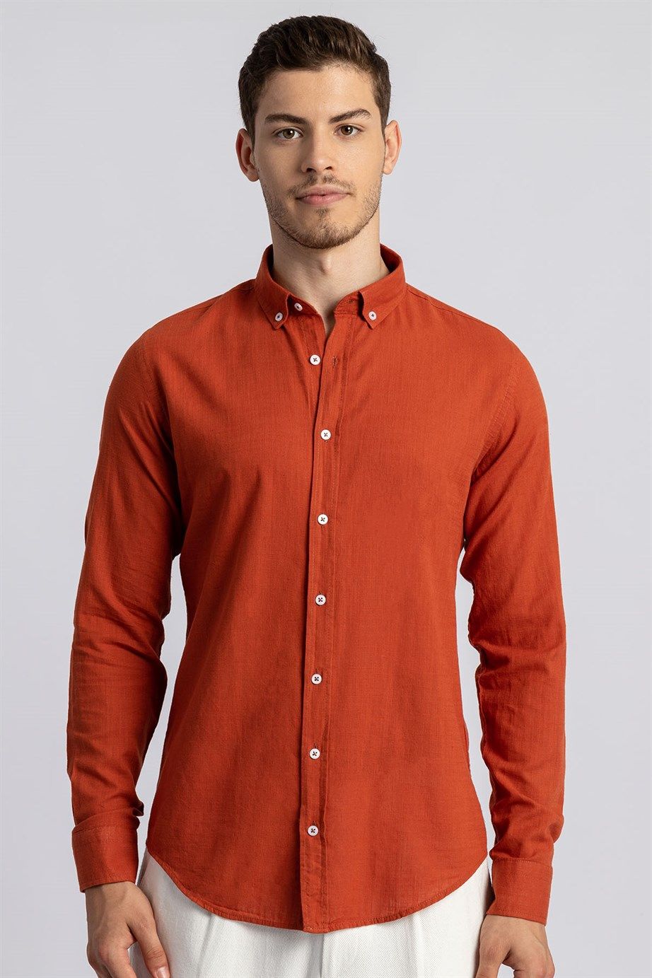 Slim Fit Dar Kesim Uzun Kol Flamlı Pamuk Keten Erkek Gömlek