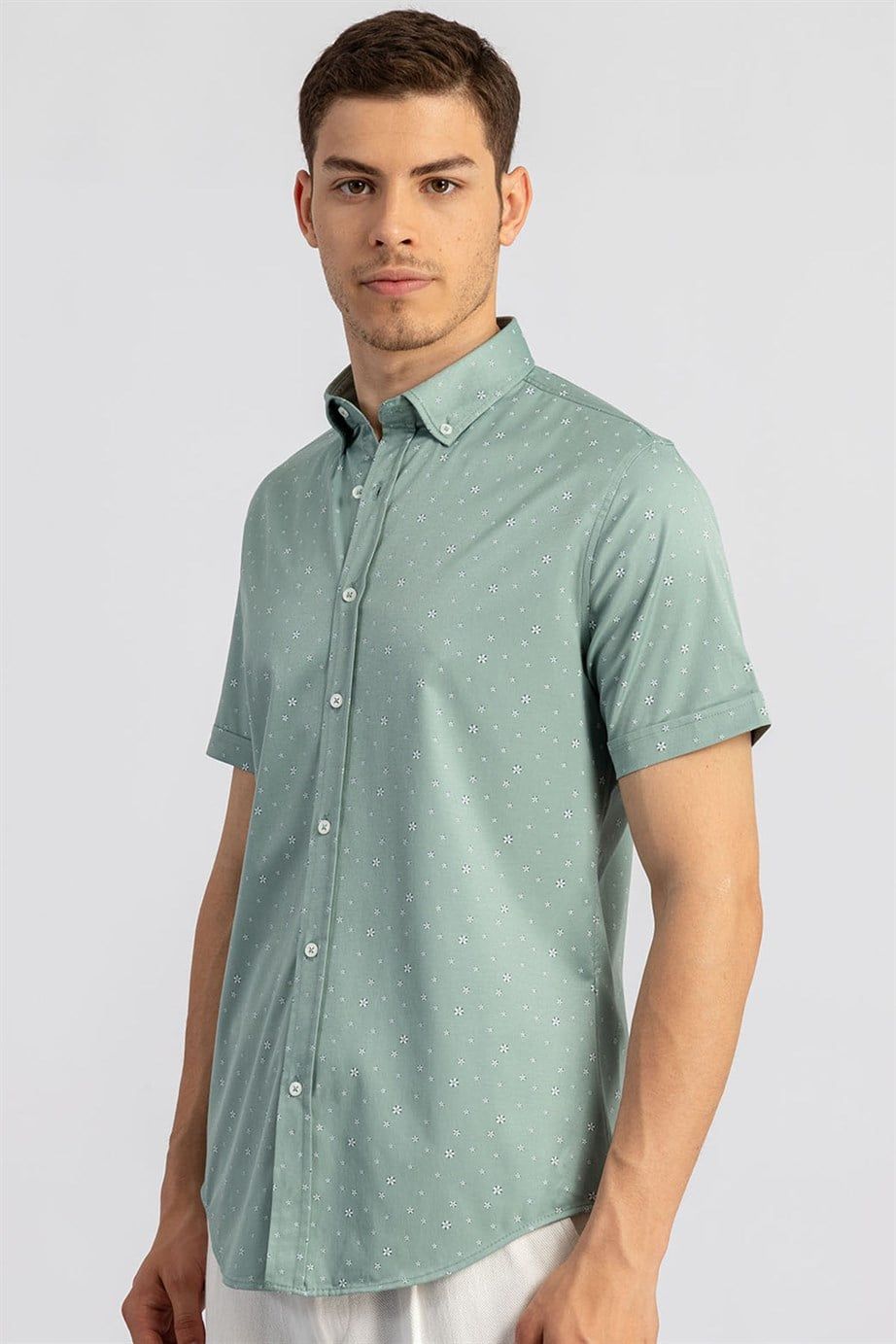 SLIM FIT KISA KOL LIYCRA SATEN BASKILI ERKEK GÖMLEK