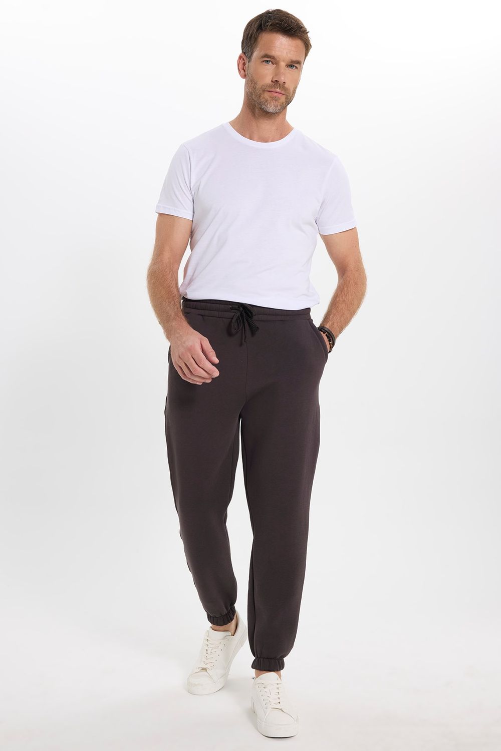 Unisex Relax Fit Rahat Kesim Şardonlu 3 Cepli Lastikli Jogger Paça Kahverengi Eşofman Altı