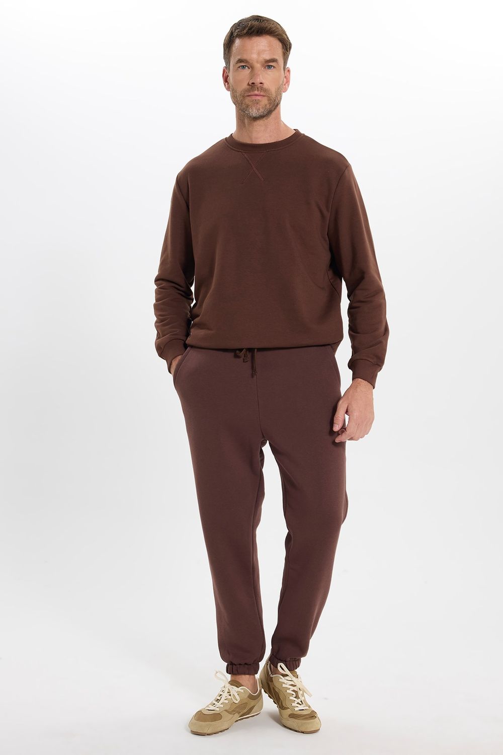 Unisex Relax Fit Rahat Kesim Şardonlu 3 Cepli Lastikli Jogger Paça Kahverengi Eşofman Altı
