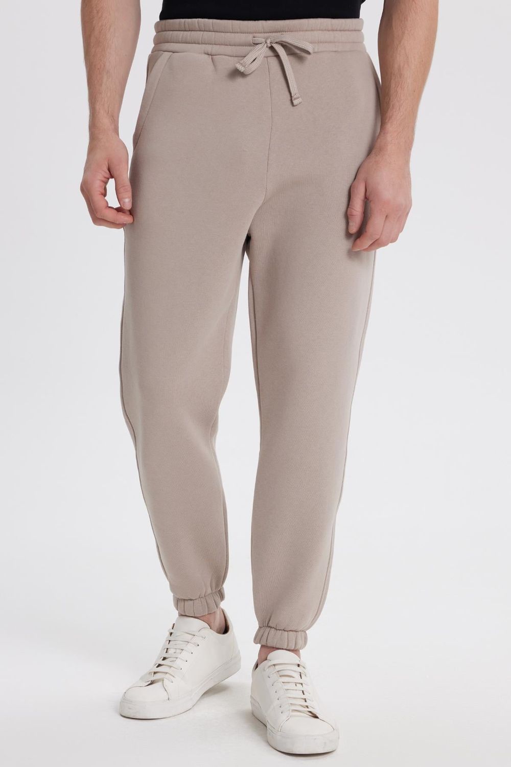 Unisex Relax Fit Rahat Kesim Şardonlu 3 Cepli Lastikli Jogger Paça Bej Eşofman Altı