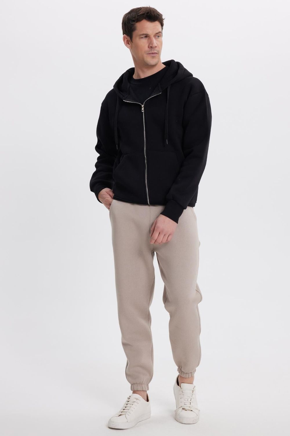 Unisex Relax Fit Rahat Kesim Şardonlu 3 Cepli Lastikli Jogger Paça Bej Eşofman Altı