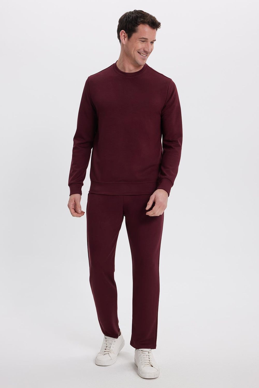 Erkek Slim Fit Dar Kesim Beli Bağcıklı 3 Cepli Geniş Paça Bordo Eşofman Altı