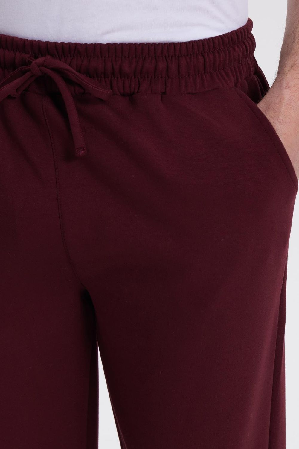 Erkek Slim Fit Dar Kesim Beli Bağcıklı 3 Cepli Geniş Paça Bordo Eşofman Altı