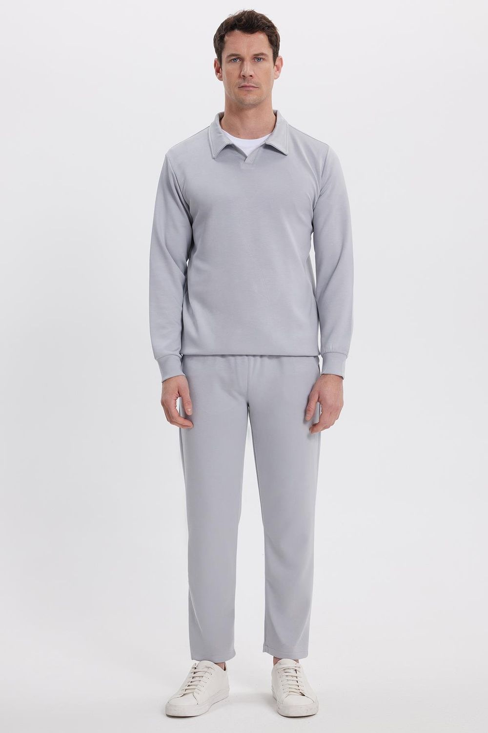 Erkek Slim Fit Dar Kesim Beli Bağcıklı 3 Cepli Geniş Paça Gri Eşofman Altı