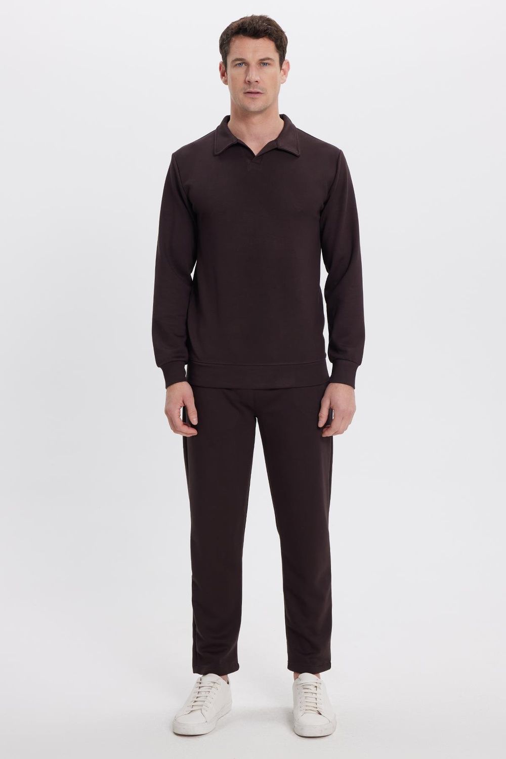 Erkek Slim Fit Dar Kesim Beli Bağcıklı 3 Cepli Geniş Paça Koyu Kahve Eşofman Altı