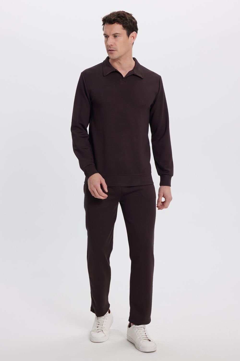 Erkek Slim Fit Dar Kesim Beli Bağcıklı 3 Cepli Geniş Paça Koyu Kahve Eşofman Altı