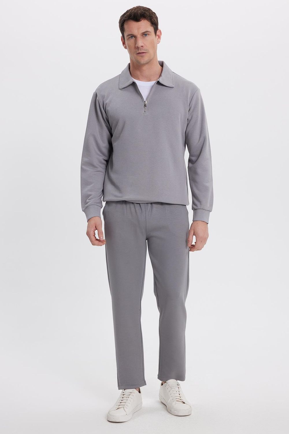 Erkek Slim Fit Dar Kesim Beli Bağcıklı 3 Cepli Geniş Paça Açık Füme Eşofman Altı