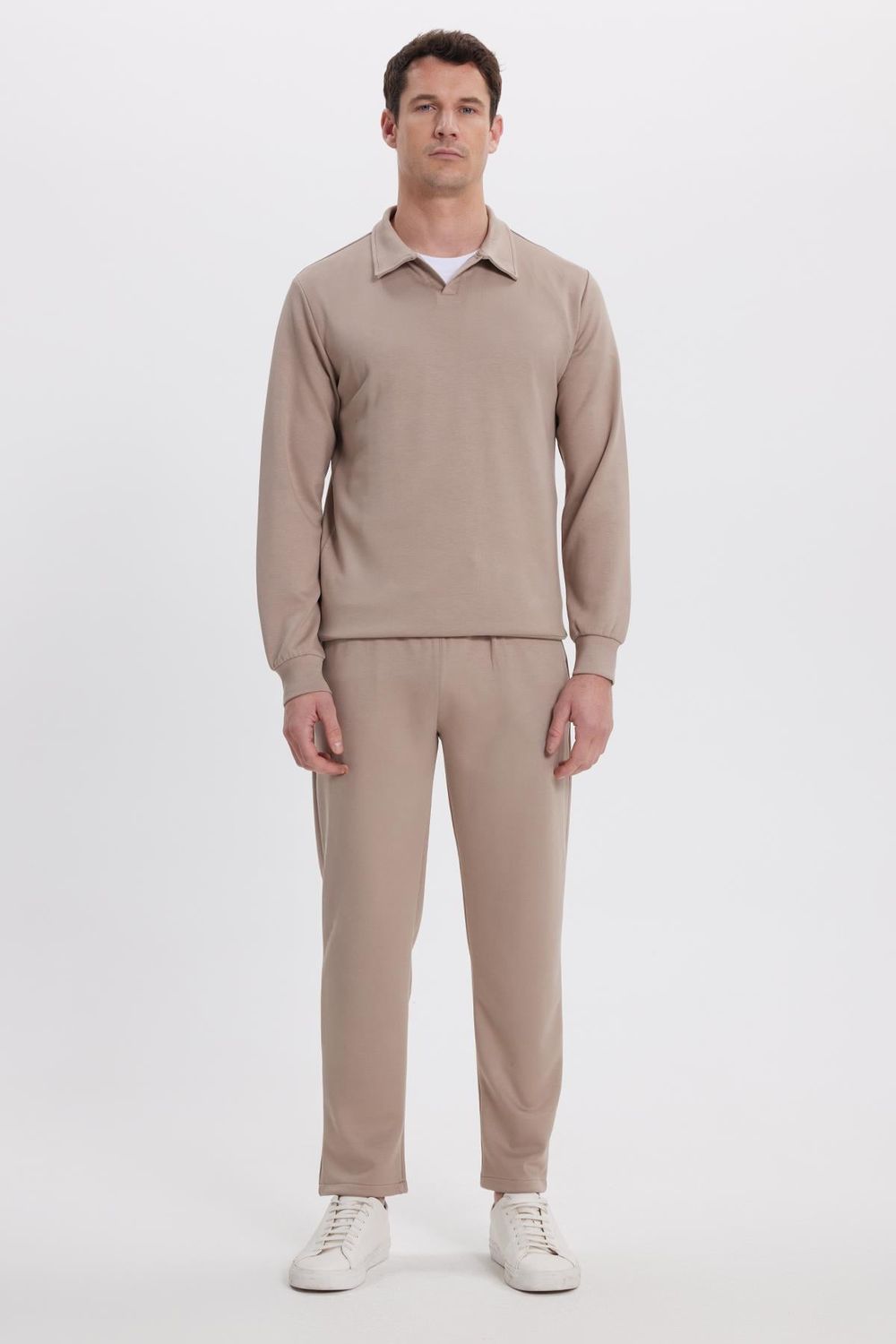 Erkek Slim Fit Dar Kesim Beli Bağcıklı 3 Cepli Geniş Paça Koyu Vizon Eşofman Altı