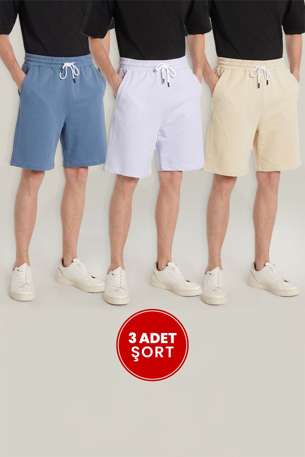 Erkek 3'lü Paket Beyaz-Mavi-Bej Relax Fit Rahat Kesim %100 Pamuk Beli Bağcıklı Çift Cepli Şort