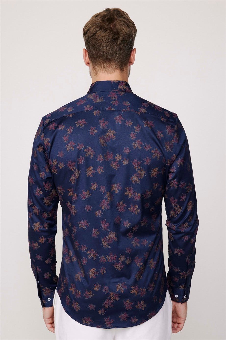 Süper Slim Fit Pamuklu Likralı Desenli Spor Erkek Lacivert Gömlek