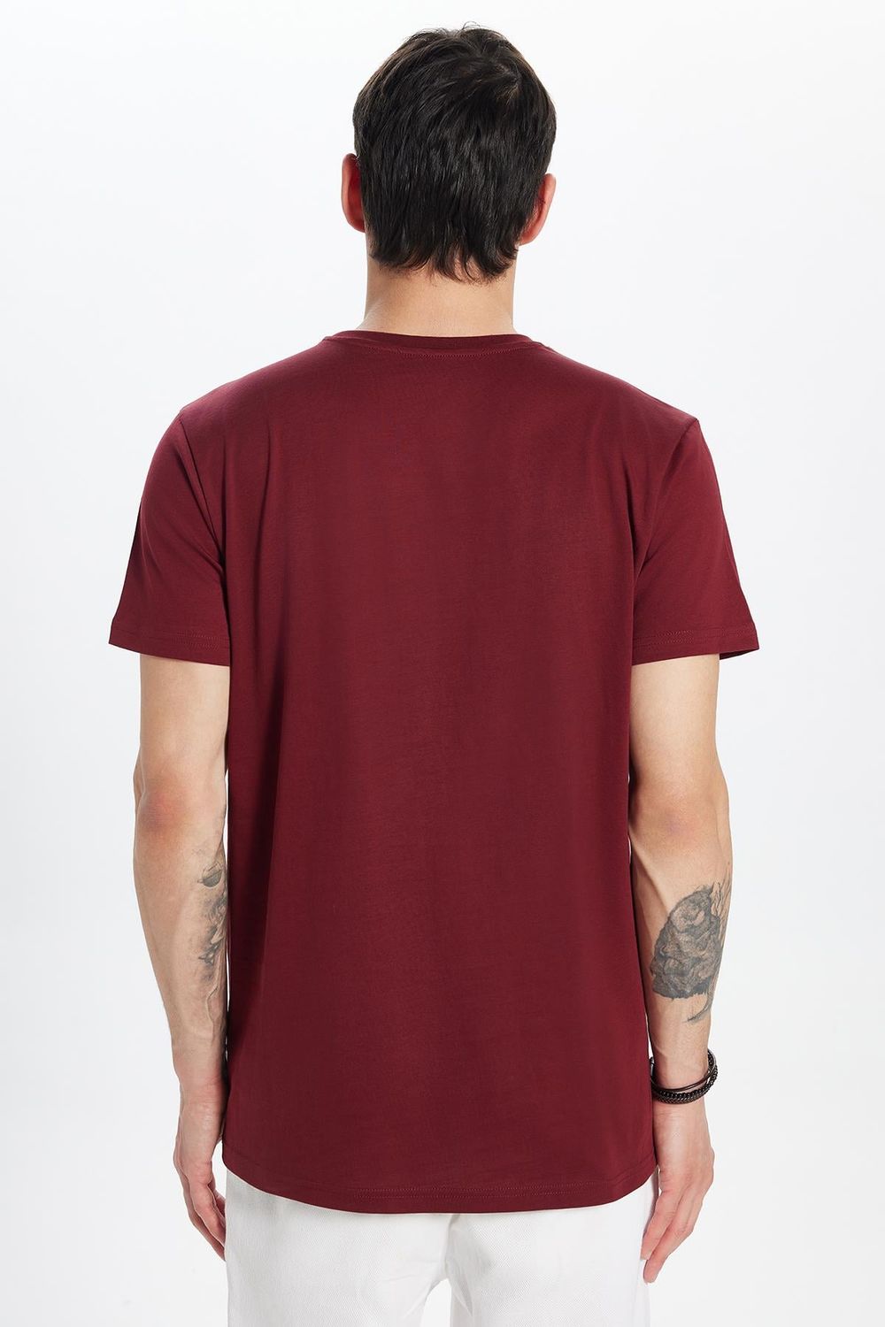 Unisex Slim Fit Dar Kesim %100 Pamuk Yumuşak Dokulu Bordo Bisiklet Yaka Tişört