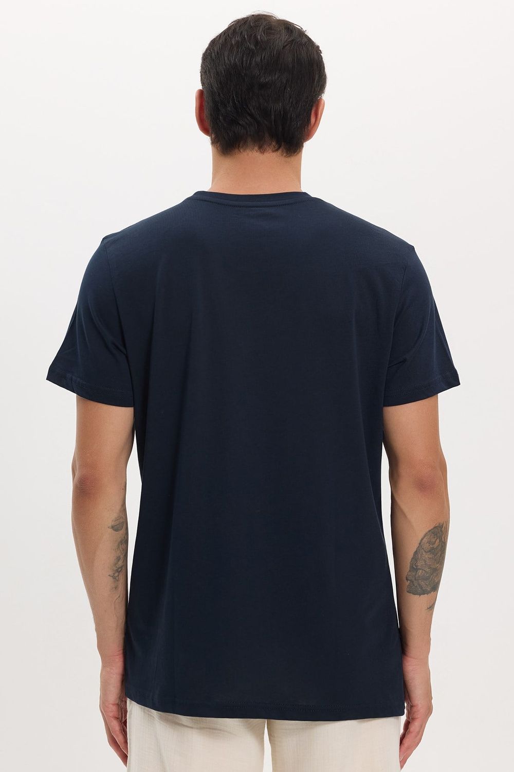 Unisex Slim Fit Dar Kesim %100 Pamuk Yumuşak Dokulu Lacivert Bisiklet Yaka Tişört