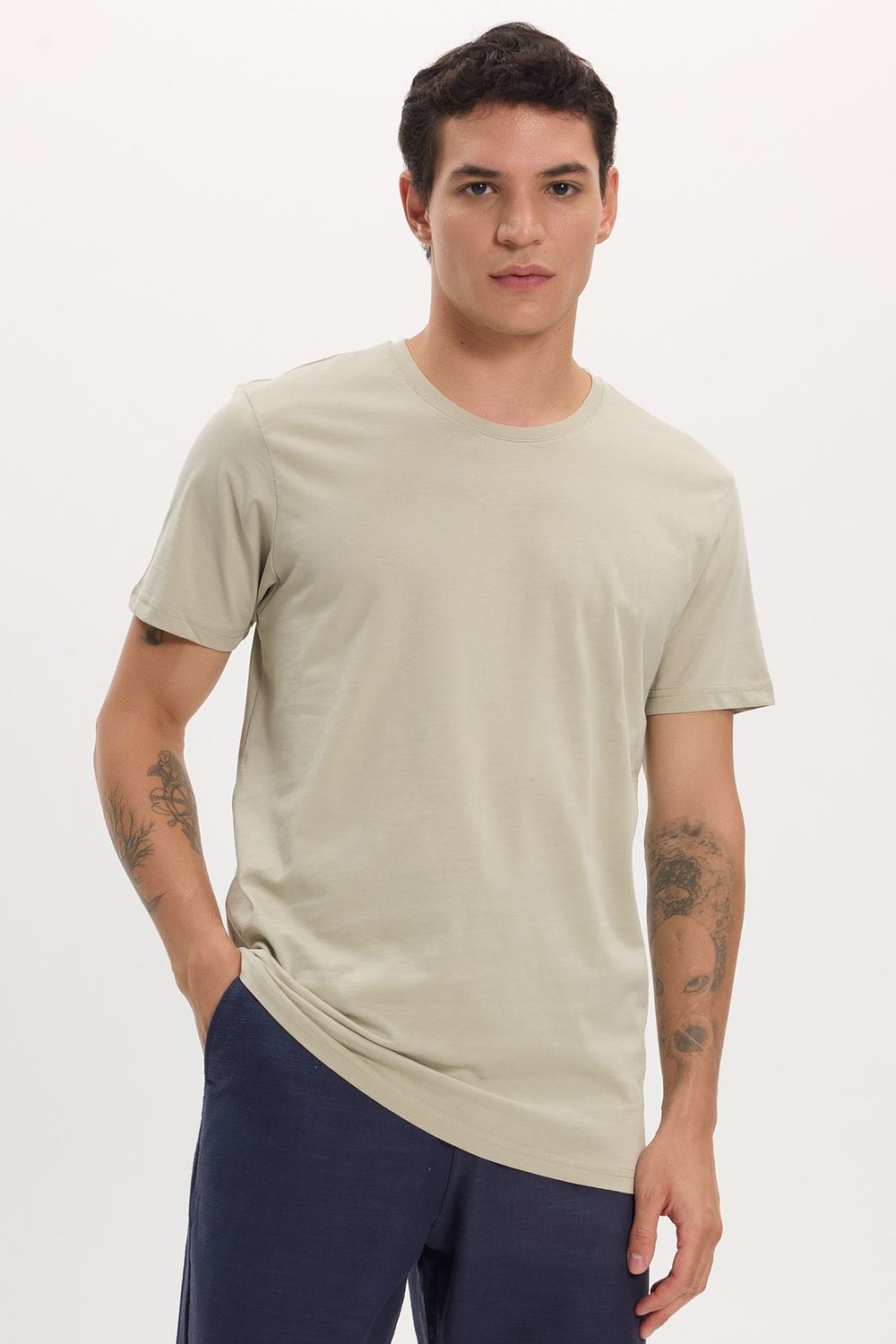 Unisex Slim Fit Dar Kesim %100 Pamuk Yumuşak Dokulu Yeşil Bisiklet Yaka Tişört
