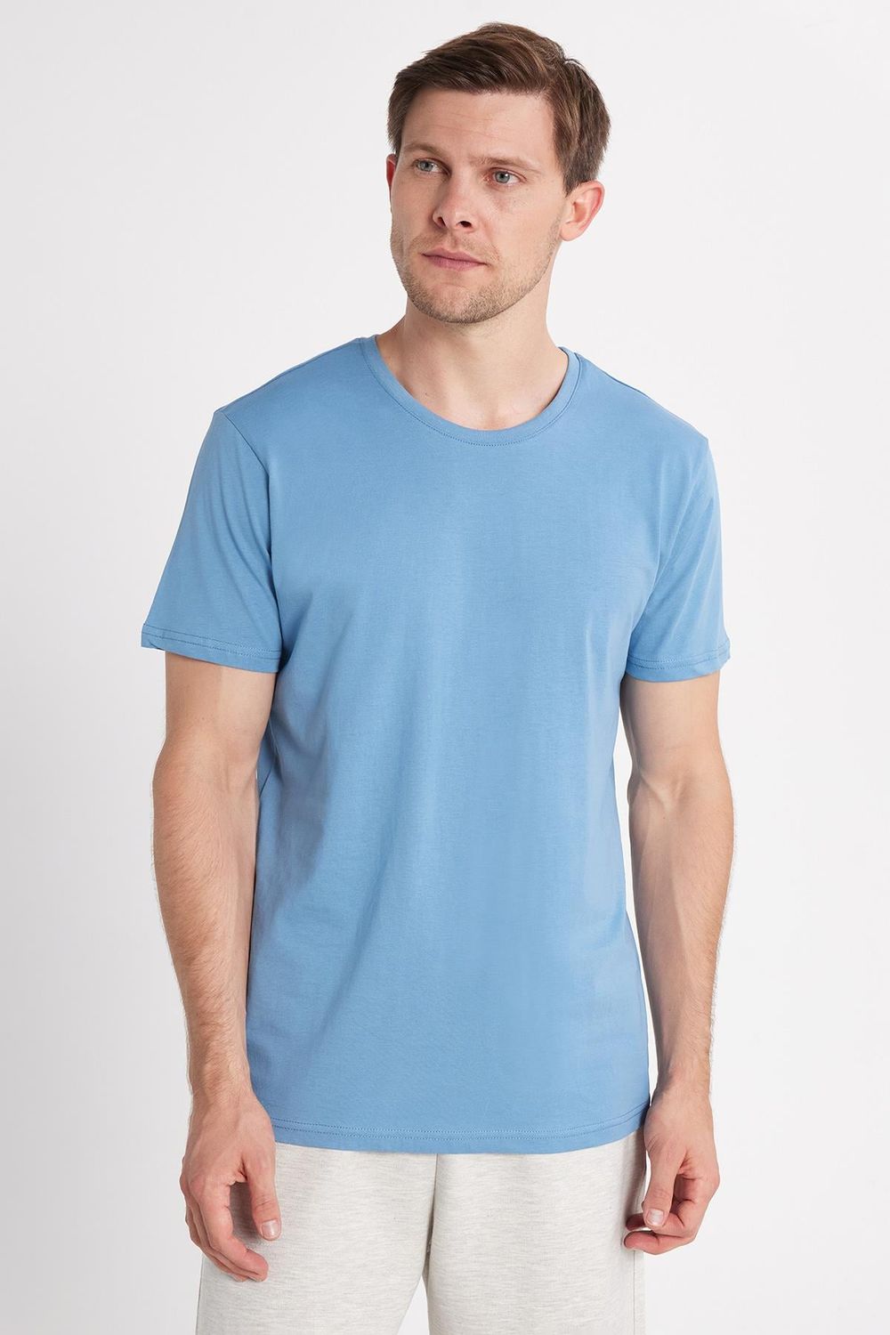 Unisex Slim Fit Dar Kesim %100 Pamuk Yumuşak Dokulu Mavi Bisiklet Yaka Tişört