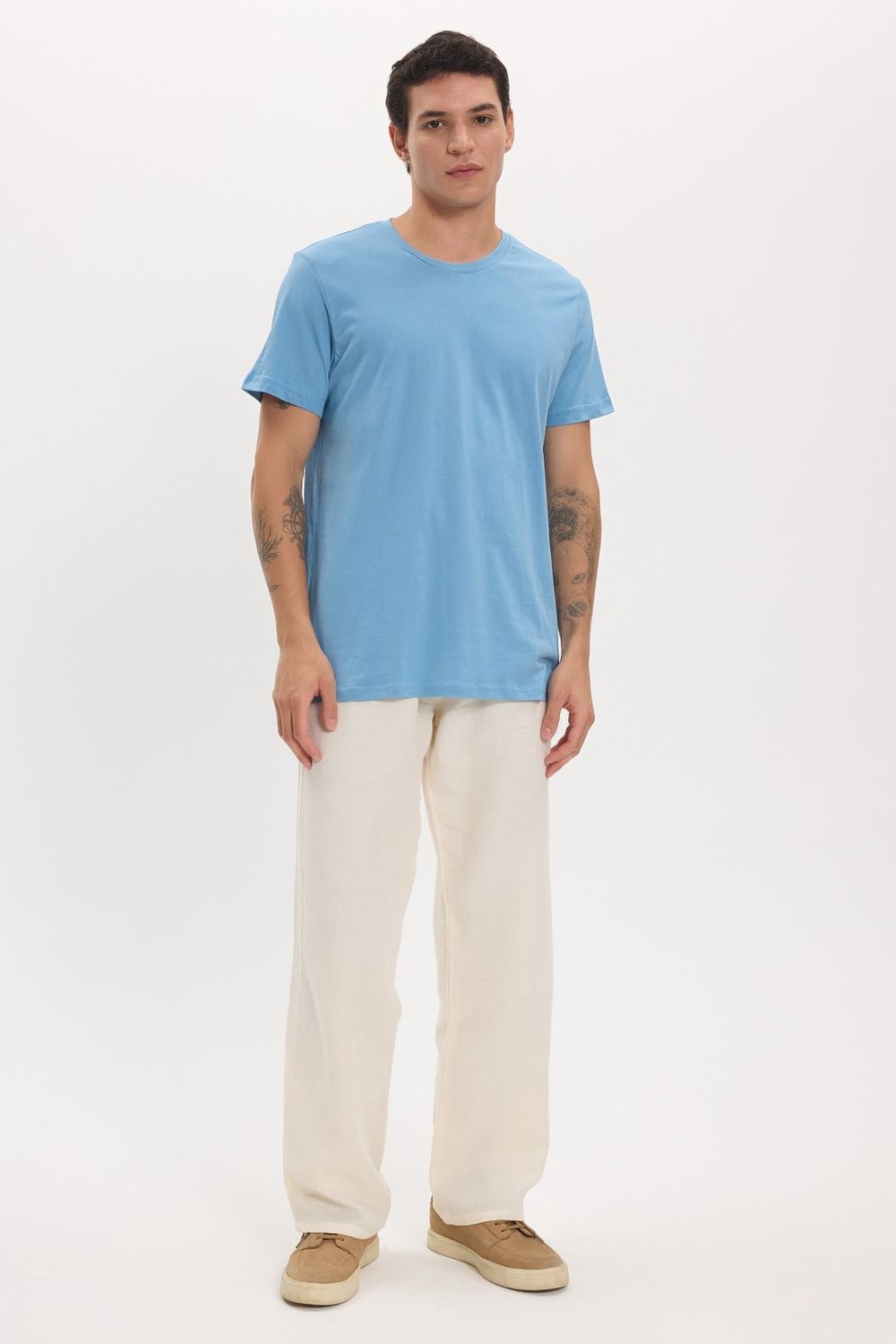 Unisex Slim Fit Dar Kesim %100 Pamuk Yumuşak Dokulu Mavi Bisiklet Yaka Tişört