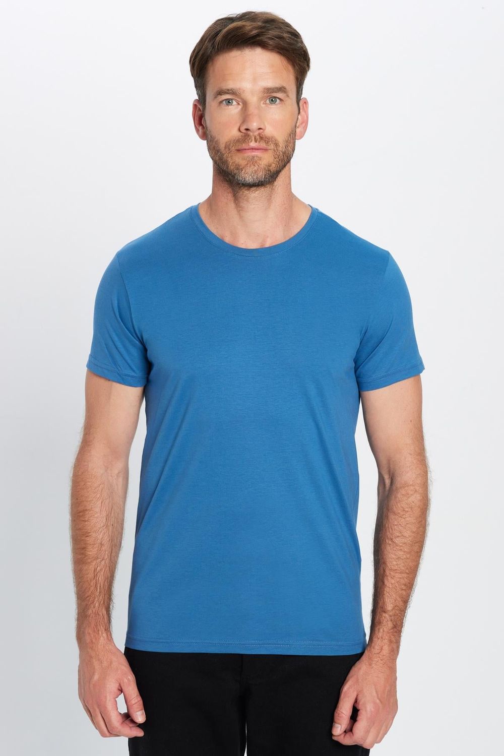 Erkek Slim Fit Dar Kesim %100 Pamuk Yumuşak Dokulu Mavi Bisiklet Yaka Tişört