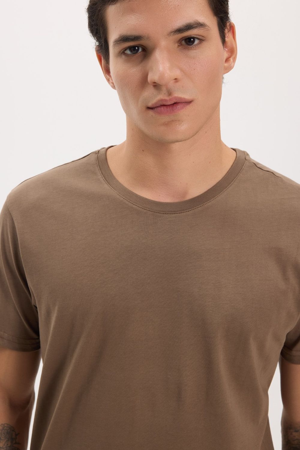 Unisex Slim Fit Dar Kesim %100 Pamuk Yumuşak Dokulu Kahverengi Bisiklet Yaka Tişört