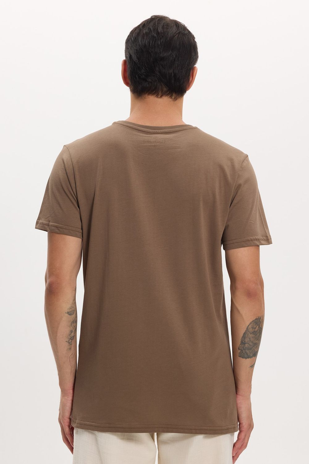 Unisex Slim Fit Dar Kesim %100 Pamuk Yumuşak Dokulu Kahverengi Bisiklet Yaka Tişört